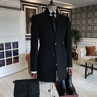 Charles Traditional All Black Stand Collar Slim Fit Formal Wool Jacket ...