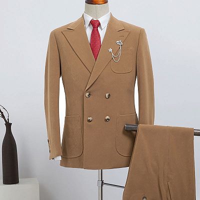 Bart Fashion Camel Double Breasted Slim Fit Custom Business Suit