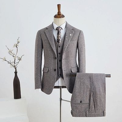 Burgess Popular Coffee Small Plaid 3 Pieces Notched Lapel Bespoke Business Suit_2