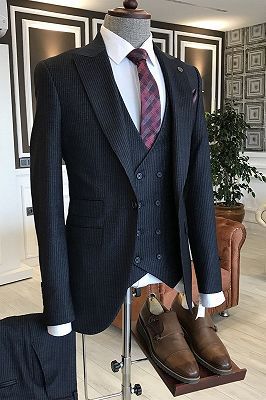 Nathan Classic All Black Velvet Peaked Lapel Double Breasted Waistcoat Custom Business Suits For Men