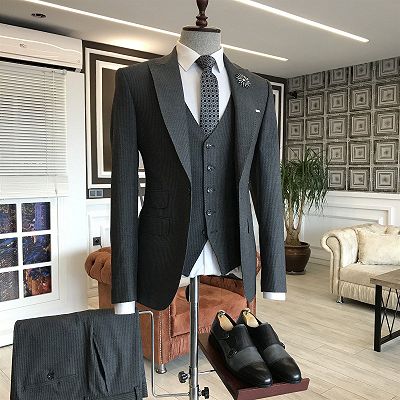 Devin Black Velvet 3-Pieces Peaked Lapel One Button Men Suits For Business