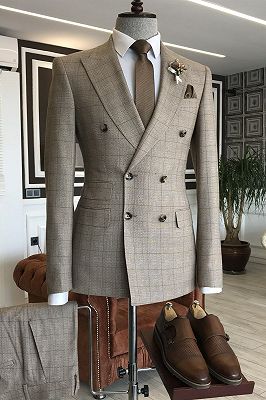 Solomon Latest Brown Plaid Double Breasted Peaked Lapel Formal Menswear_1