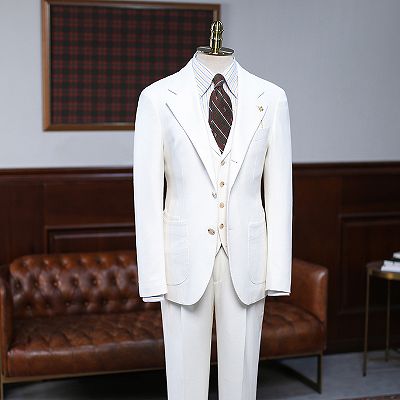 Augus Simple White 3 Pieces Notched Lapel Slim Fit Custom Business Suit