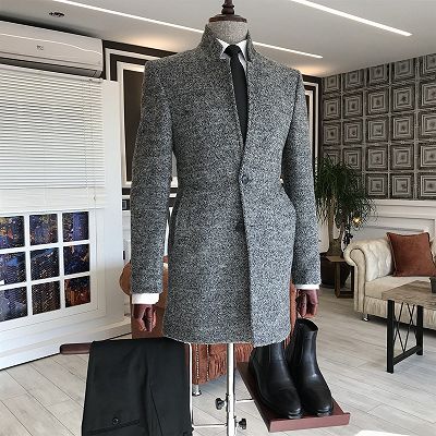 Andre Dark Gray Stand Collar Bespoke Business Wool Jacket For Men_2