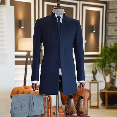 Marvin Navy Blue Stand Collar Slim Fit Tailored Wool Jacket For Business