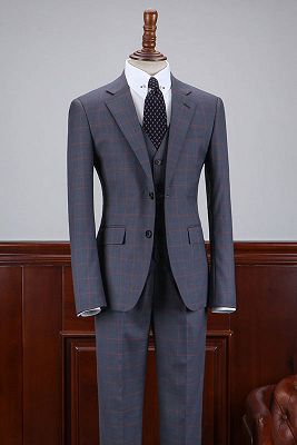 Abraham Fashion Dark Gray Plaid Notched Lapel 2 Button Business Suit_1