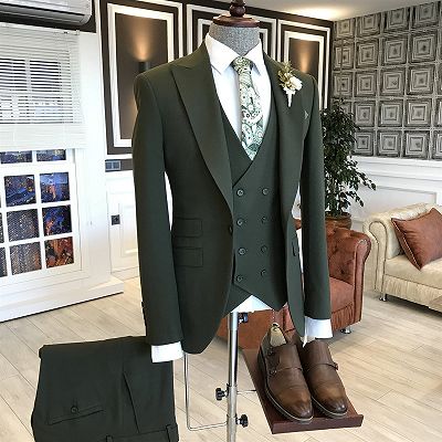 Michael Unique Dark Green One Button 3 Flaps Tailored Business Suits For Men_2