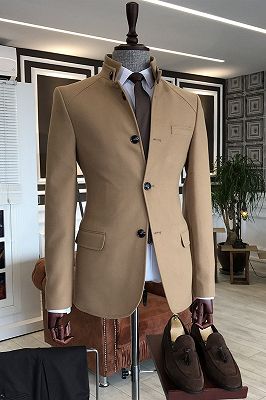 Levi Camel Stand Collar 3 Button 2 Flaps Slim Fit Wool Jacket For Business