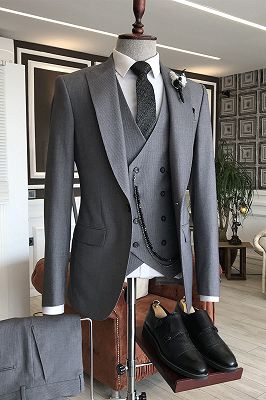 Frederic Dark Gray 3-Pieces Peaked Lapel Slim Fit Business Suits For Men