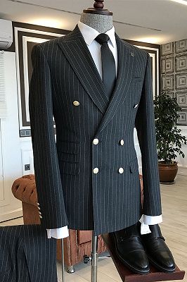 Nigel Formal Black Striped Peaked Lapel Double Breasted Business Suits For Men_1