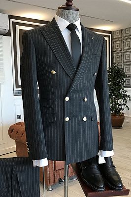 Nigel Formal Black Striped Peaked Lapel Double Breasted Business Suits For Men