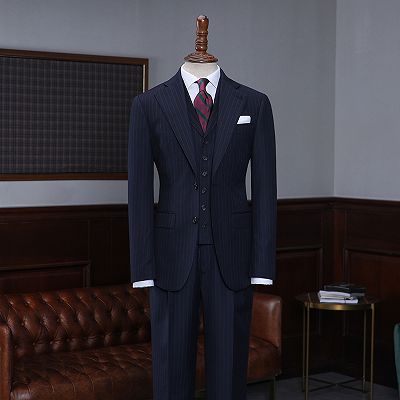 Alston Formal Navy Blue Striped 3 Pieces Slim Fit Bespoke Business Suit_2
