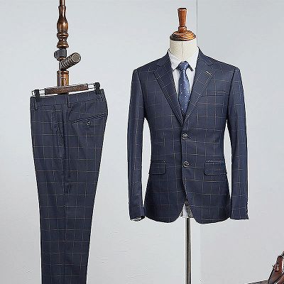 Beau Modern Navy Blue Plaid 2 Pieces Slim Fit Business Suit_2