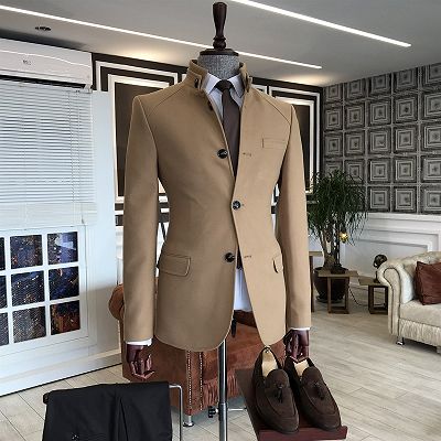Levi Camel Stand Collar 3 Button 2 Flaps Slim Fit Wool Jacket For Business