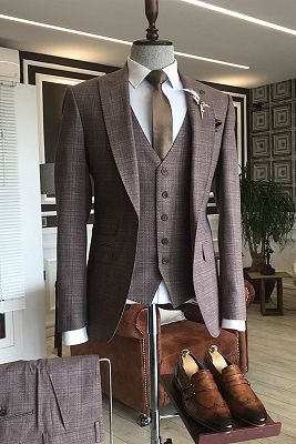 Hale Burgundy Small Plaid 3-Pieces Slim Fit Bespoke Business Suits_1