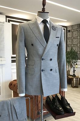 Jeremy Handsome Gray Peaked Lapel  Double Breasted Tailored Business Suits For Men_1
