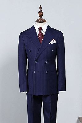 Howar Unique Navy Blue Striped Double Breasted Slim Fit Custom Business Suit_1