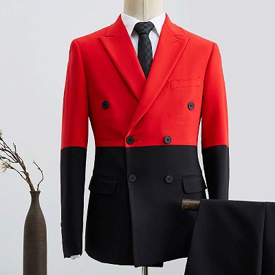 Bruno Unique Black And Red Peaked Lapel Double Breasted Prom Suit