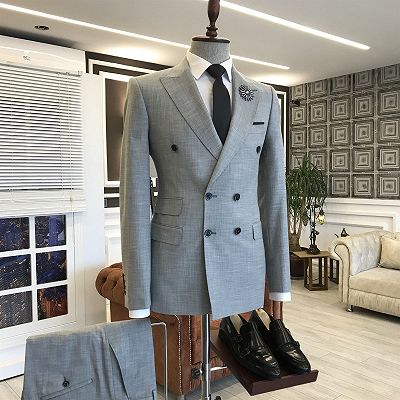 Jeremy Handsome Gray Peaked Lapel  Double Breasted Tailored Business Suits For Men_2
