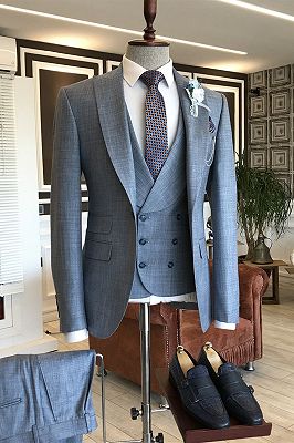 Jeffrey Formal Gray Plaid Peaked Lapel Double Breasted Waistcoat Business Suits_1