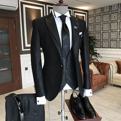 Alan Classic All Black Peaked Lapel One Button Slim Fit Business Men Suits
