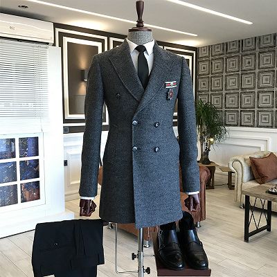 Elmer Trendy Dark Gray Peaked Lapel Double Breasted Bespoke Wool Coat