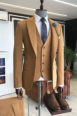 Fashion Brown Peaked Lapel Double Breasted Waistcoat Men Suits For Business