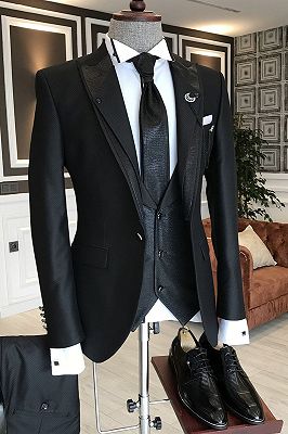 Alan Classic All Black Peaked Lapel One Button Slim Fit Business Men Suits_1
