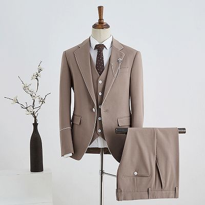 Burnell Hot Khaki 3 Pieces Notched Lapel Slim Fit Tailored Business Suit_2