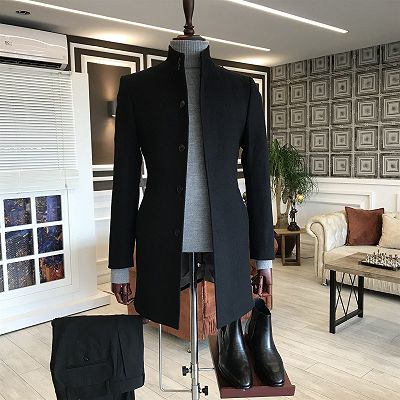 Max Formal Black Stand Collar Slim Fit Bespoke Wool Jacket For Business_2