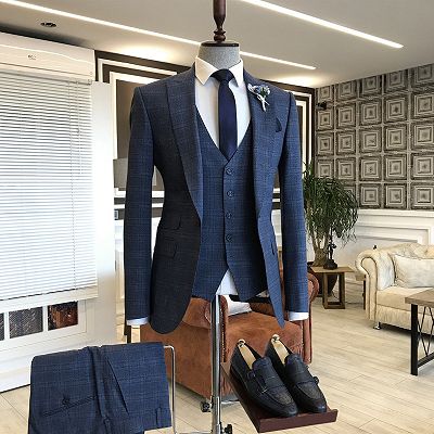 Frederic Blue Small Plaid  3-Pieces Peaked Lapel One Button Formal Business Suits