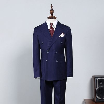 Howar Unique Navy Blue Striped Double Breasted Slim Fit Custom Business Suit_2