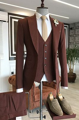 Elmer Newest Burgundy 3-Pieces Striped Peaked Lapel Men Suits For Business_1