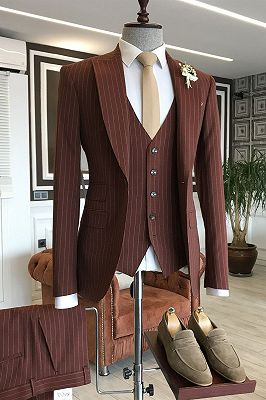 Elmer Newest Burgundy 3-Pieces Striped Peaked Lapel Men Suits For Business