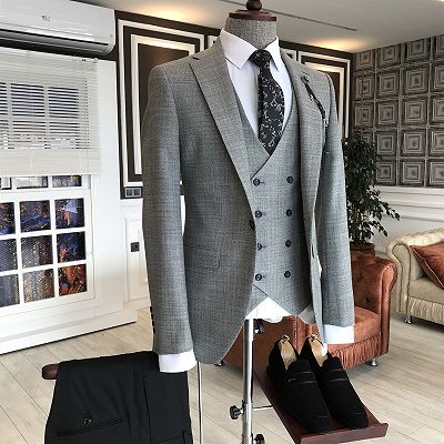 Regular Gray Plaid 3-Pieces Notched Lapel One Button Formal Menswear_2