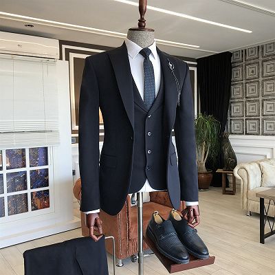 Andre 3-Pieces Black Peaked Lapel Formal Business Men Suits