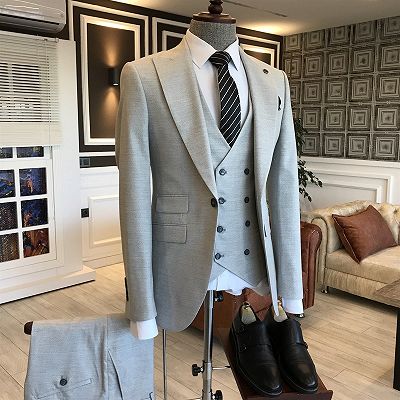 Mark Forma Light Gray 3-Pieces Peaked Lapel Double Breasted Waistcoat Business Suits For Men_2