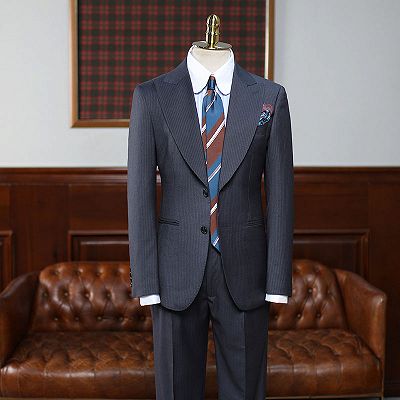 Ashbur Classic Black Striped Peaked Lapel Slim Fit Custom Business Suit_2