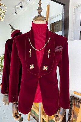 Fashion Red Velvet Shawl Lapel Wedding Groom Suits