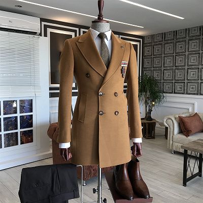 Henry Popular Camel Peaked Lapel Double Breasted Tailored Wool Coat For Business