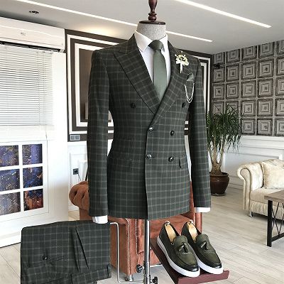 Beacher Handsome Black Plaid Double Breasted 2 Flaps Business Suits For Men