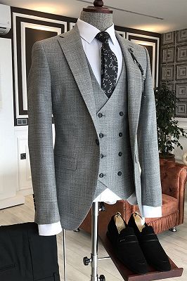 Regular Gray Plaid 3-Pieces Notched Lapel One Button Formal Menswear_1