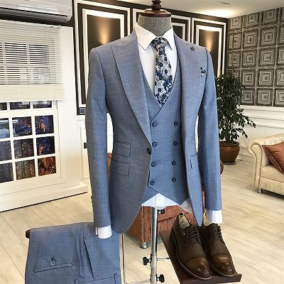Marvin Fashion Blue Small Plaid Peaked Lapel Slim Fit Business Suits For Men