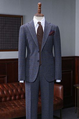 Antoine Formal Navy Blue Small Plaid Notched Lapel Slim Fit Bespoke Suit_1