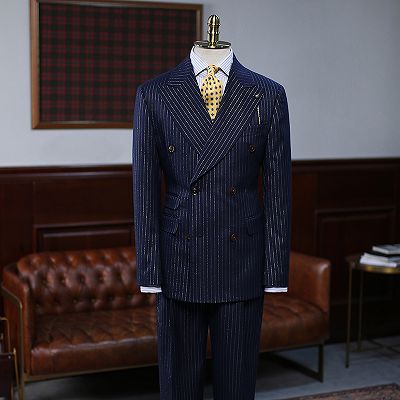 Quinn Trendy Navy Blue Striped Double Breasted Formal Menswear_2