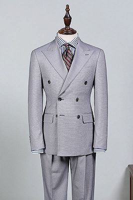 Dick Trendy Light Gray Peaked Lapel Double Breasted Bespoke Business Suit_1