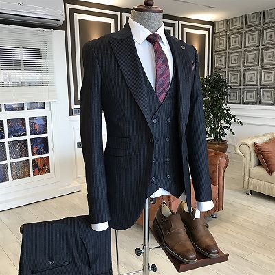 Nathan Classic All Black Velvet Peaked Lapel Double Breasted Waistcoat Custom Business Suits For Men_2