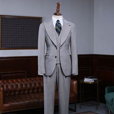 Uriah Trendy Gray Plaid 3 Pieces Slim Fit Business Suit For Men_2