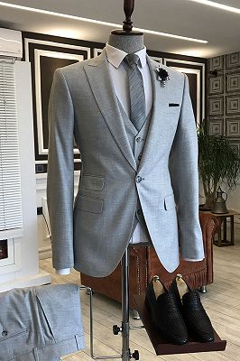 Kent Formal Light Gray 3-Pieces Peaked Lapel Suits For Men Business
