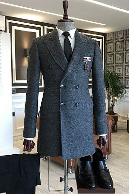 Elmer Trendy Dark Gray Peaked Lapel Double Breasted Bespoke Wool Coat